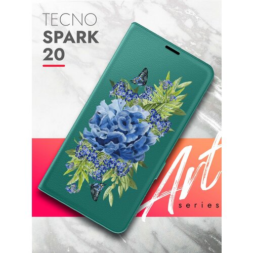 Чехол на Tecno Spark 20 (Техно Спарк 20) зеленый опал книжка эко-кожа с функцией подставки и магнитами Book Case, Brozo (принт) Синий Колокольчик чехол на tecno spark 20 техно спарк 20 синий книжка эко кожа с функцией подставки и магнитами book case brozo принт котик в очках