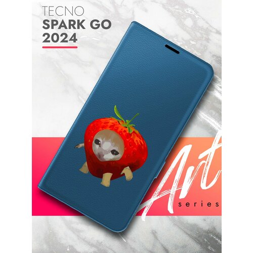 Чехол на Tecno Spark Go 2024 (Техно Спарк Гоу 2024) синий книжка эко-кожа с функцией подставки и магнитами Book Case, Brozo (принт) Котик в Клубнике чехол на tecno spark go 2024 техно спарк гоу 2024 синий книжка эко кожа с функцией подставки и магнитами book case brozo принт корги в пончике