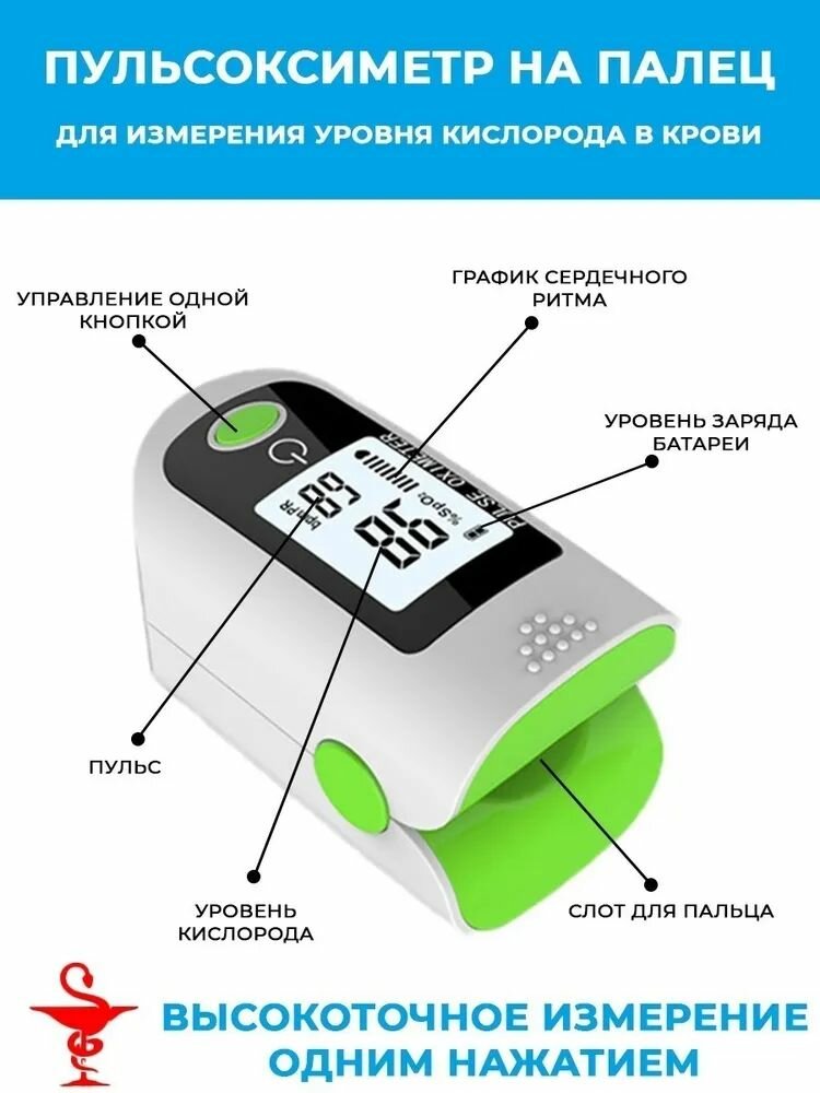 Изображение Пульсоксиметр LIKU X1805, на палец, зеленый, с батарейками, автоматическое отключение