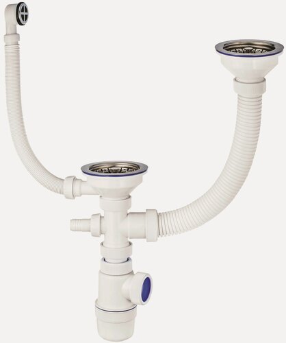 Изображение товара Сифон Элит 1 1/2 х 40 мм для двойной мойки с нерж. чашками D114 мм, с отводом и с круг. пер. L300 мм