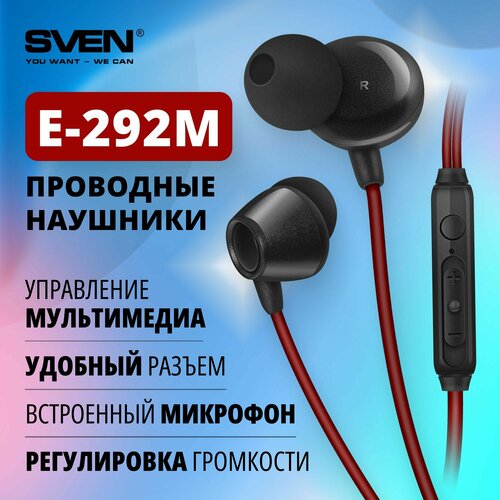Наушники Наушники для телефона SVEN E-292M черный-красный пульт L-образный разъём 600₽