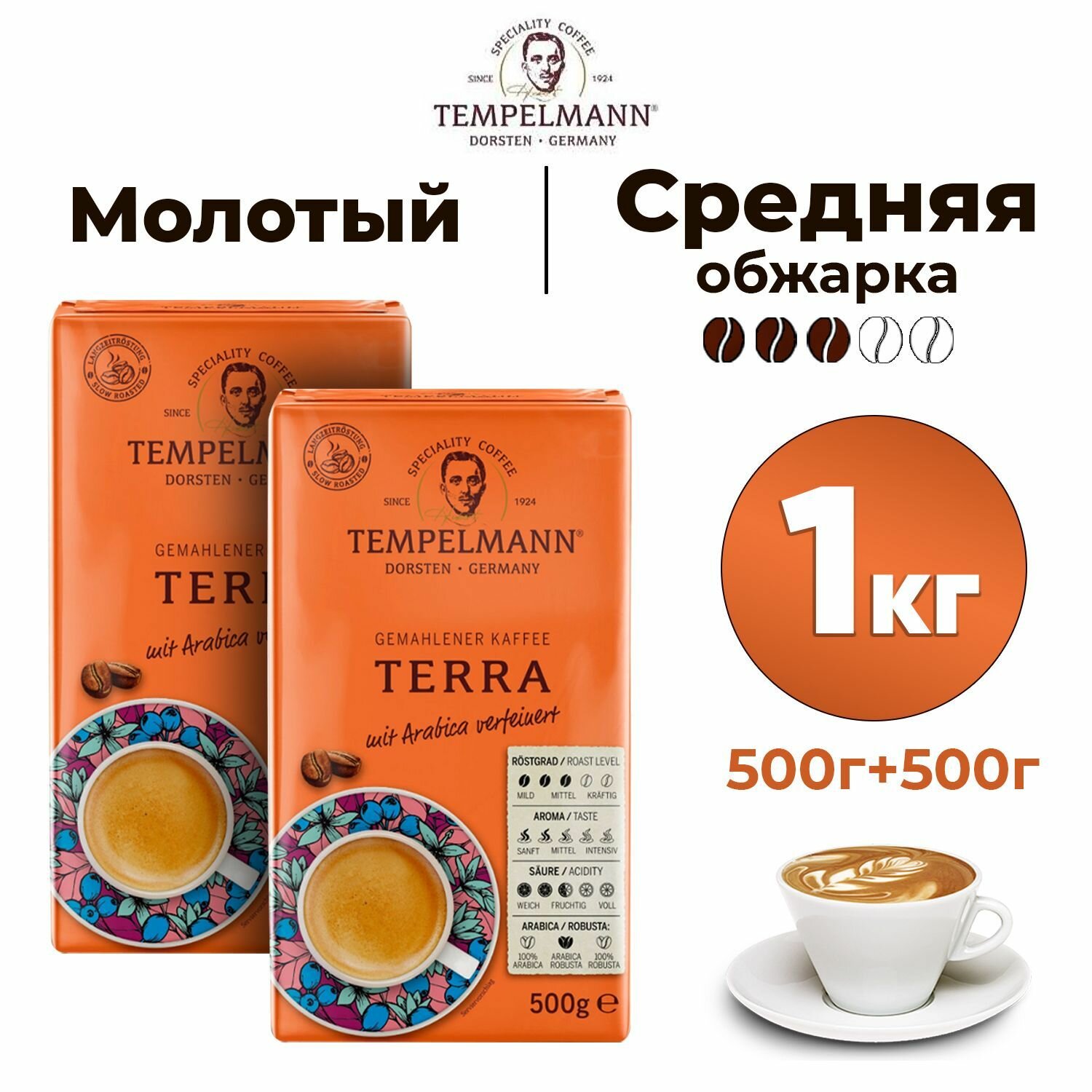 Tempelmann Набор кофе молотый Арабика и Робуста 1 кг (2 шт по 500гр)