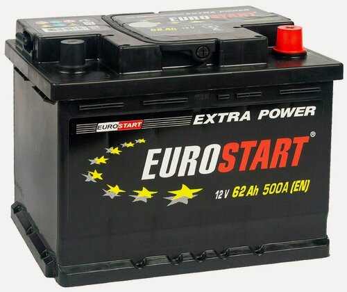 Изображение товара Аккумулятор автомобильный Eurostart Extra 62 А/ч 500 А обр. пол. низкий Евро авто (242х175х175) EU620