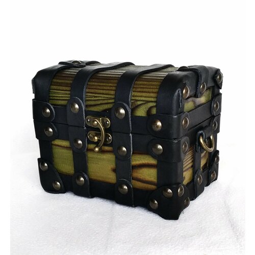 Шкатулка мини , зелёная ( дерево , кожа)