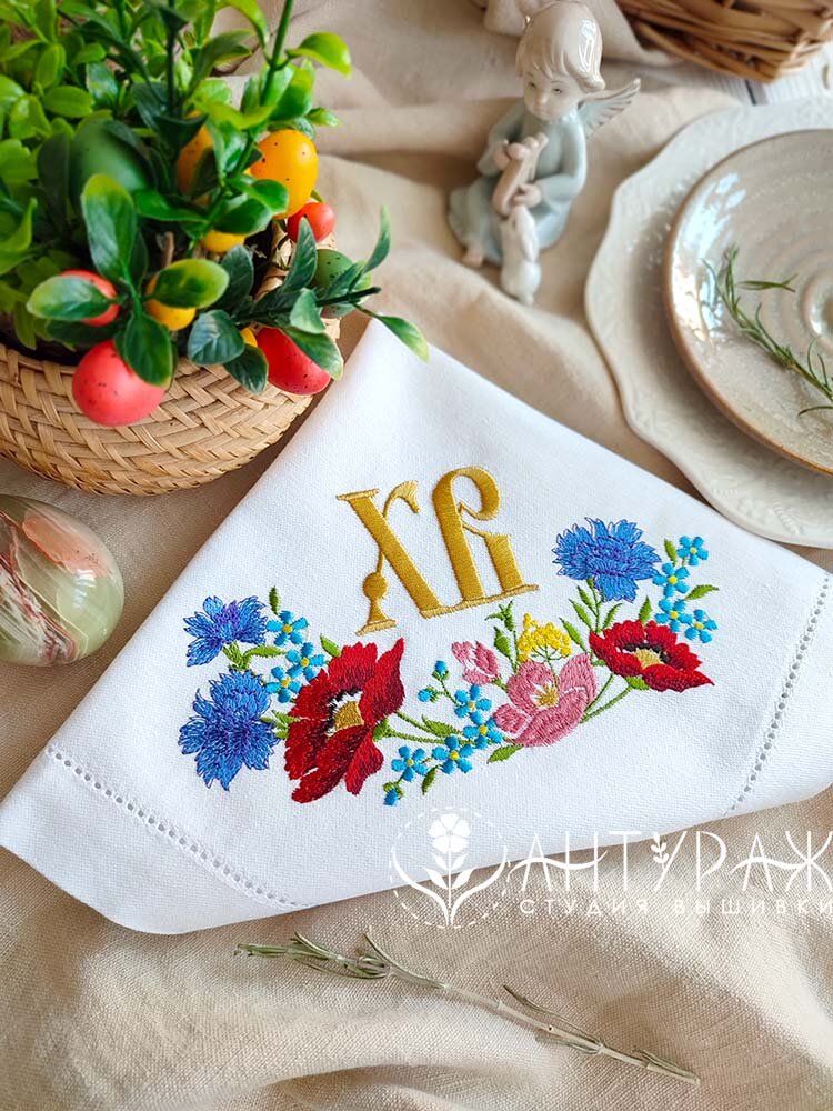 Пасхальный сувенир Льняная пасхальная салфетка с вышивкой и мережкой 43*43см от ANTURAG-VISHIVKA