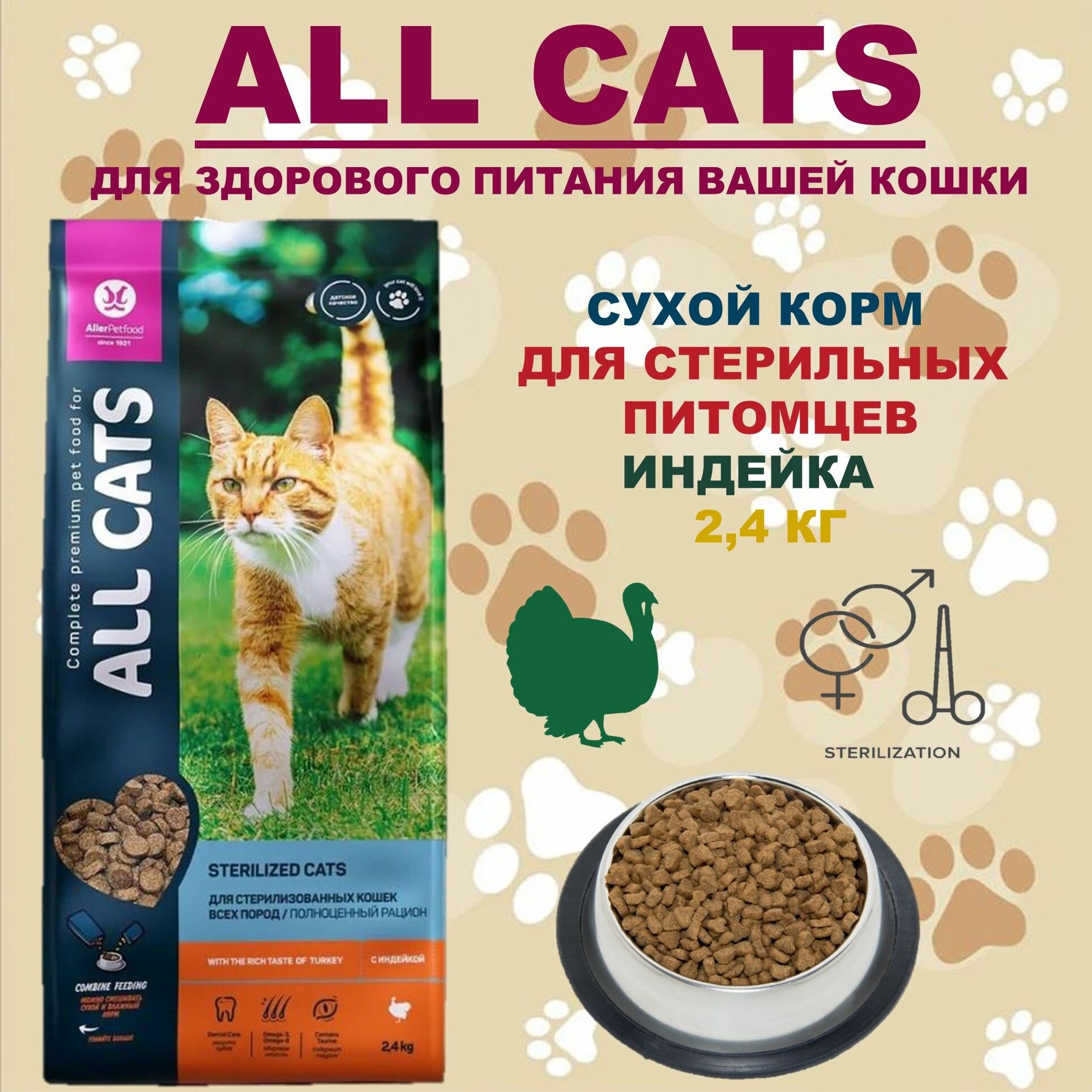 Сухой корм 2,4 кг для стерилизованных кошек ALL CATS индейка полнорационный/ Аллер Петфуд