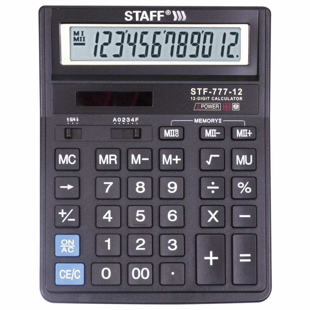 Калькулятор настольный STAFF STF-777 12 разрядов двойное питание 210x165 мм черный 250458