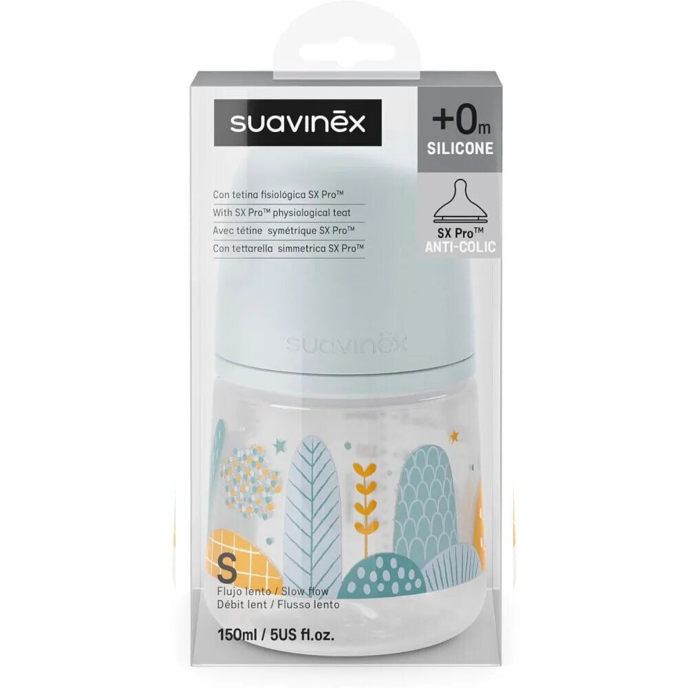 Бутылочка Suavinex 150 мл. пластиковая с физиологической соской 0м+, с противоколиковым клапаном (308316) А