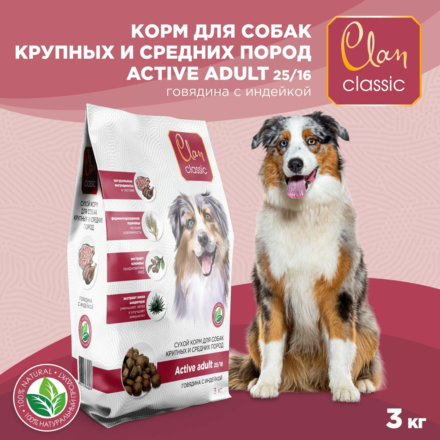 Корм для собак крупных и средних сухой CLAN Classic Active 25/16 для активных, говядина и индейка, 3кг