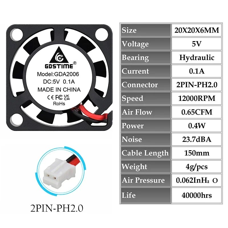 Gdstime GDA 2006 Бесщеточный вентилятор для чипсета 5V Hydraulic PH2.0