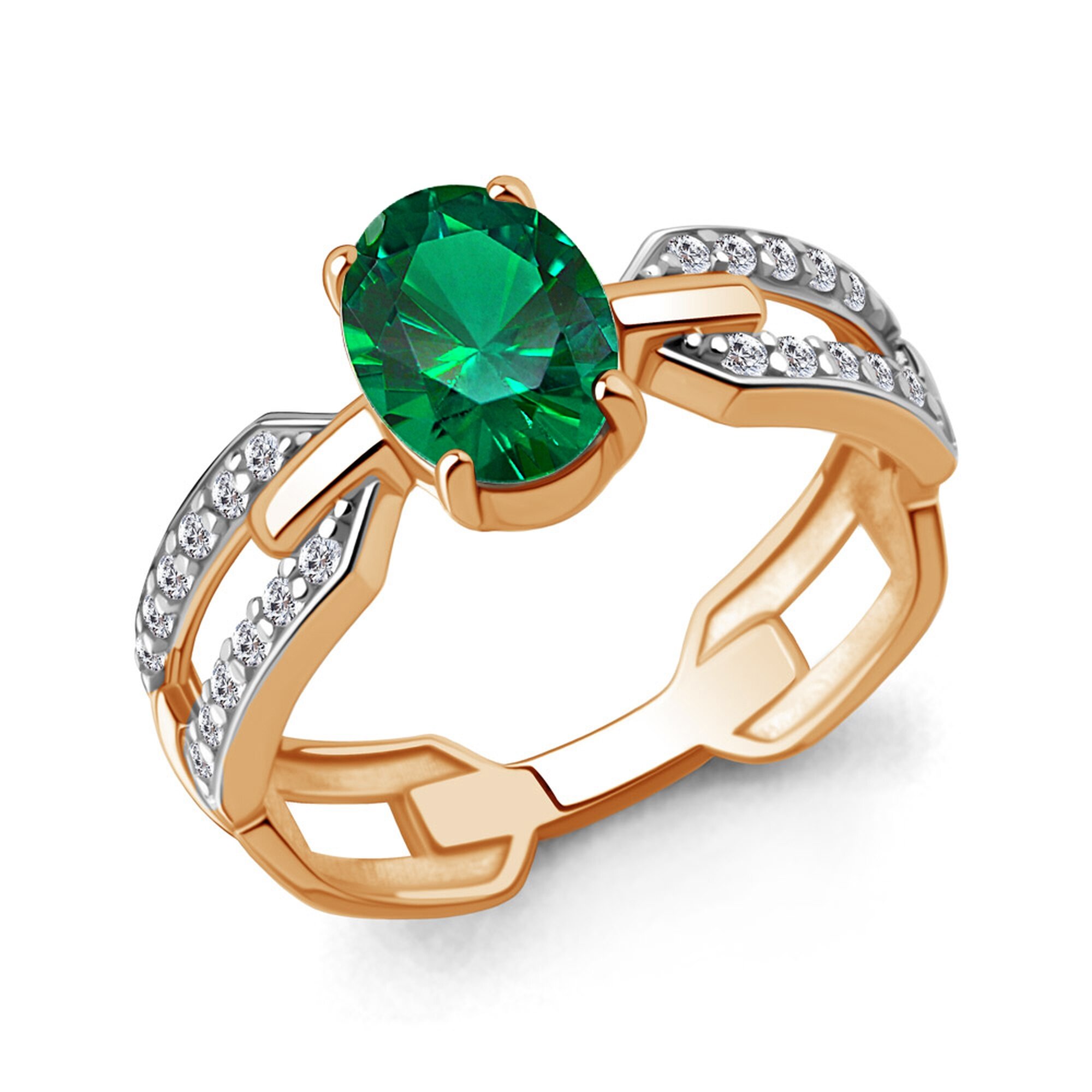 Кольцо Diamant online, серебро, 925 проба, золочение, фианит, изумруд синтетический