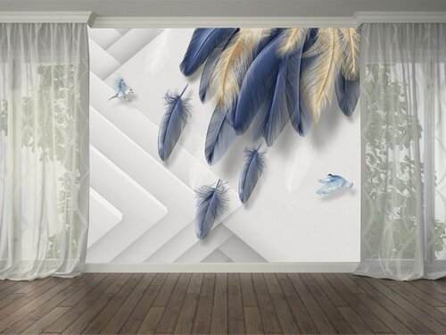 Изображение товара Фотообои на стену антивандальные 300х260см Синие перья 3D винил на флизелине