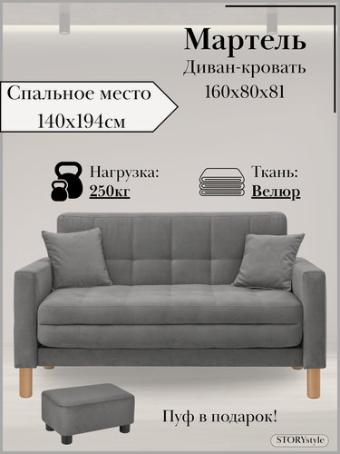 Изображение товара Диван-кровать мартель, прямой, 160*80*81, спальное 140*194, велюр темно-серый, Велутто 19