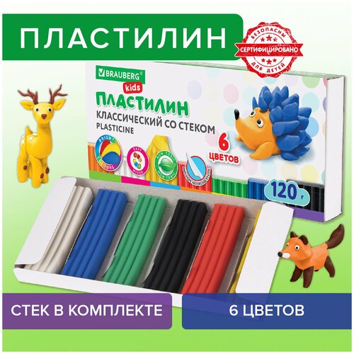Пластилин классический BRAUBERG KIDS 6 цветов 120 г стек высшее качество 106435 Квант продажи 4 ед 637₽