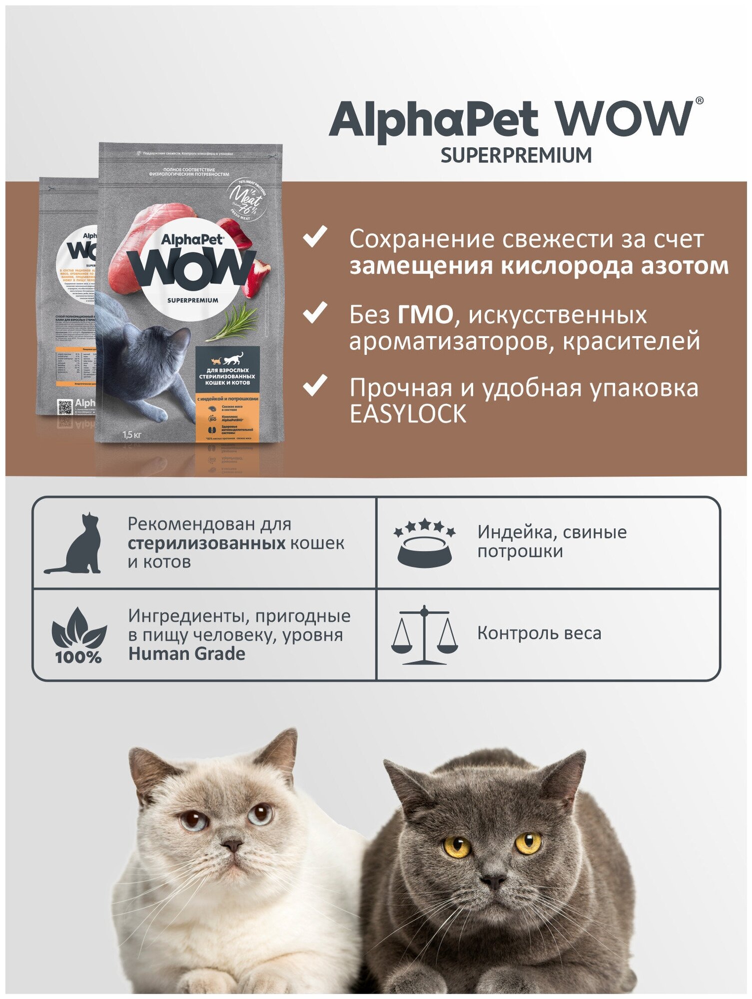 AlphaPet WOW Superpremium сухой полнорационный корм для взрослых стерилизованных кошек и котов с индейкой и потрошками - 1,5 кг - фотография № 12