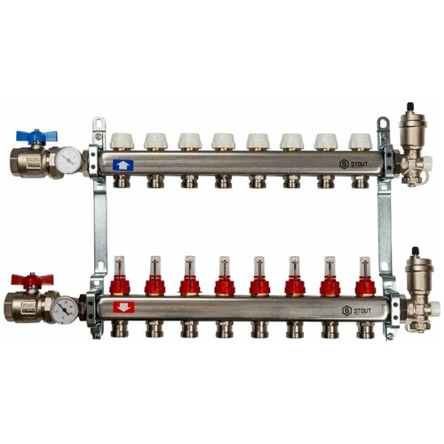 Коллектор из нержавеющей стали STOUT SMS 0907 000008 в сборе с расходомерами 8 вых. коллектор из нержавеющей стали в сборе с расходомерами 12 вых stout sms 0907 000012