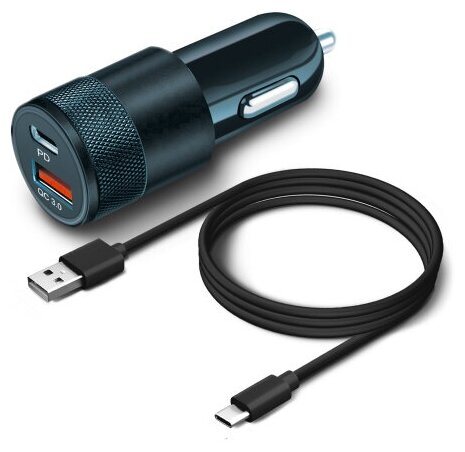 Автомобильное зарядное устройство Borasco Power Delivery + QC 3.0, 38 Вт, Кабель USB--C - USB-C, черный