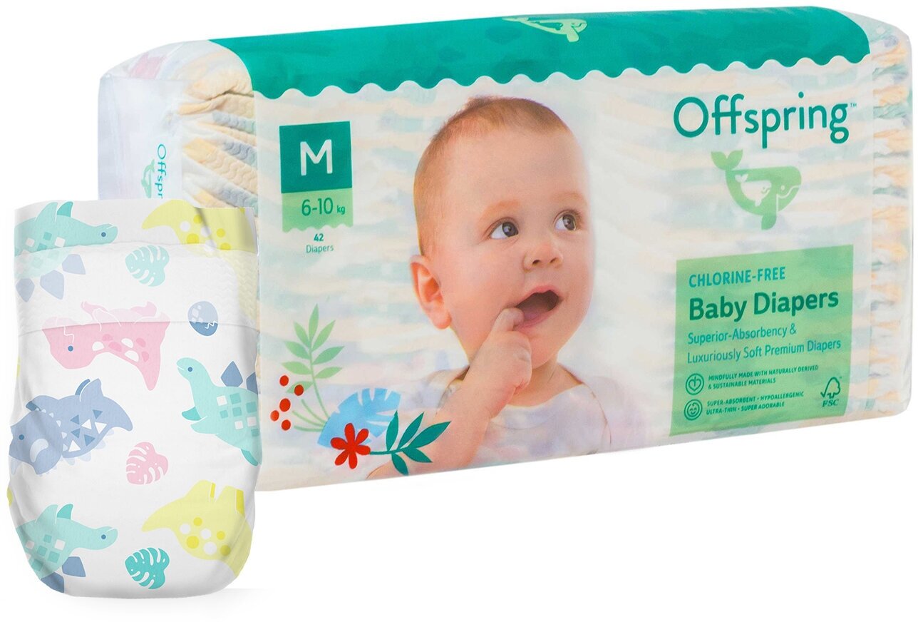 Offspring подгузники, M 6-10 кг. 42 шт. расцветка Динозавры