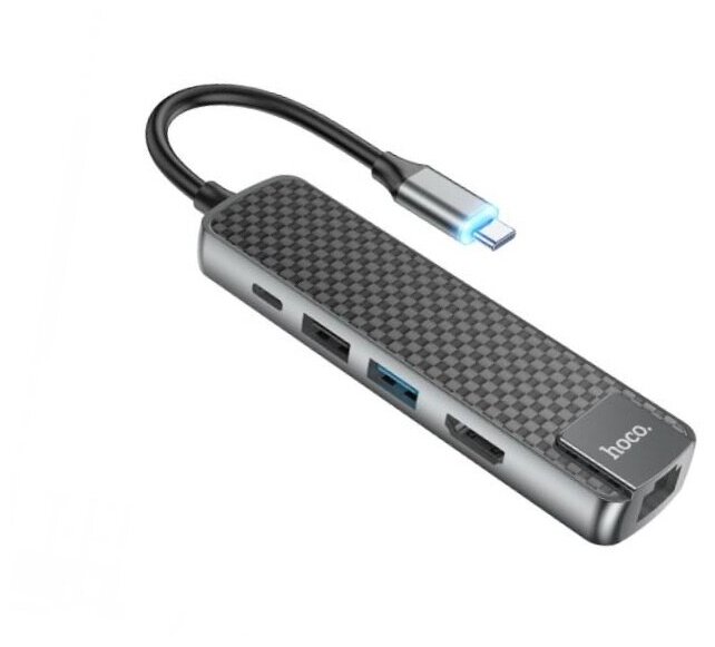 Adapter / Переходник HOCO HB23 Easy view Type-C адаптер (HDMI+USB3.0+USB2.0+RJ45+PD), серый