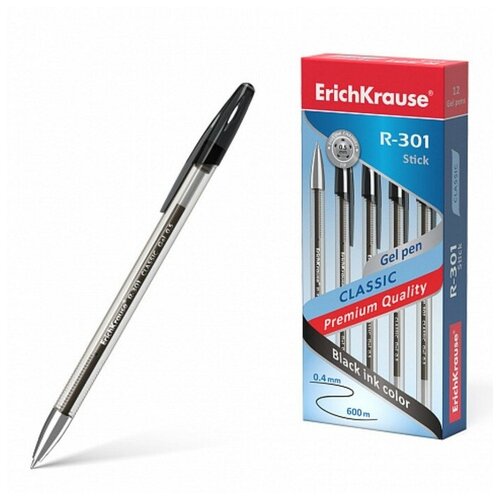 Ручка гелевая ErichKrause, R-301 Classic Gel Stick, узел 0,5мм, чернила черные, длина линии письма 600 метров