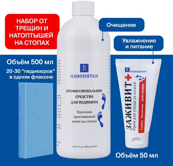 Нанопятки / Набор: Средство для пяток, педикюр от трещин, мозолей 500мл, пемза + Крем для рук, ног заживит 50мл