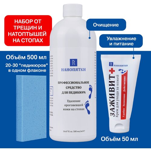 Нанопятки / Набор: Средство для пяток, педикюр от трещин, мозолей 500мл, пемза + Крем для рук, ног заживит 50мл набор для маникюра и педикюра нанопятки набор для педикюра средство для педикюра 1 пемза заживит крем