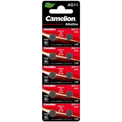 Батарейки для часов Camelion G11 BL-10 Mercury Free AG11-BP10(0%Hg), 362A/LR721/162 батарейка для часов 1 5в 371a lr920 171 емкость 30ма ч camelion g 6 bl 10 mercury free