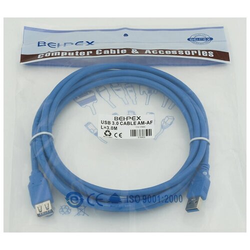 Кабель USB3.0 USB A(m) - USB A(f), 3м, синий кабель usb a m usb b m 3м серый