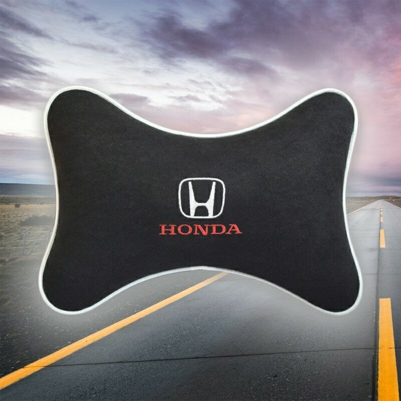 Автомобильная подушка под шею на подголовник из велюра черная с вышивкой для Honda