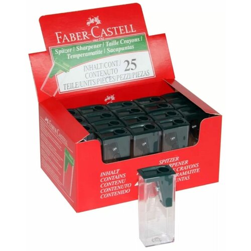 Точилка Faber-Castell на 1 отверстие, пластиковая c контейнером, зеленая - 25 шт