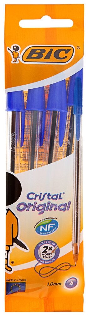 Ручки шариковые BIC набор 4 шт, Cristal original, пластиковая упаковка с европодвесом, синие