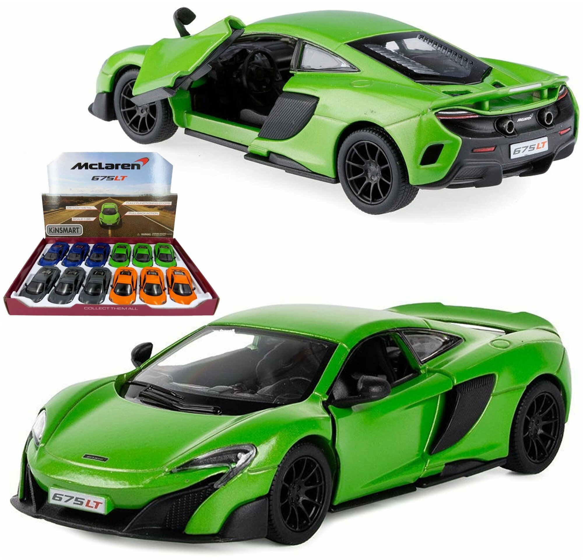 Машинка игрушка для мальчика металлическая, инерционная 1:36 McLaren 675LT в дисплейбоксе, зеленый, в подарок для ребенка, малыша на день рождения, новый год или 23 февраля