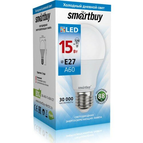 Светодиодная LED лампа Smartbuy ЛОН A60 E27 15W(1200lm) 6000K 6K 119x60 SBL-A60-15-60K-E27