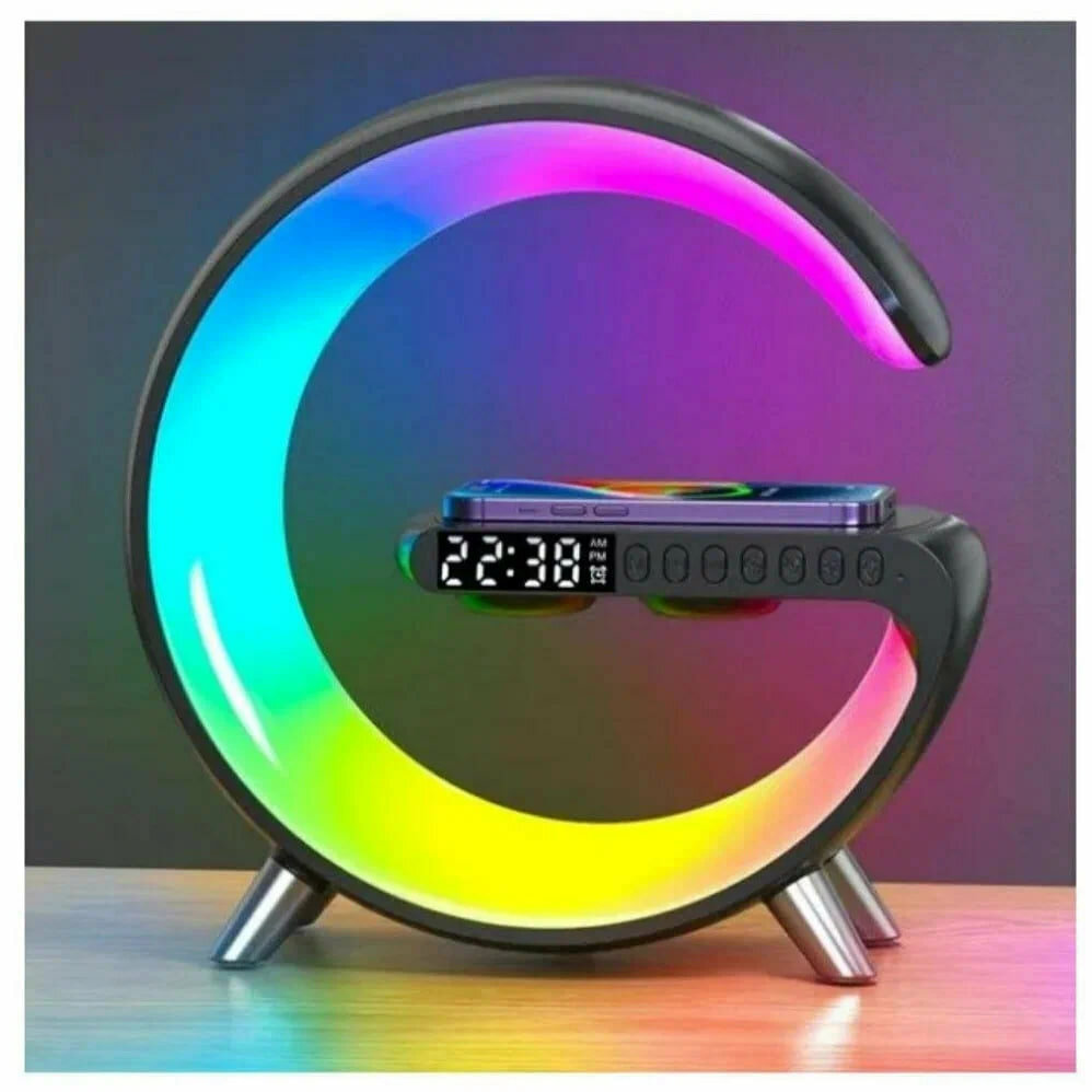 Стильный RGB Ночник от GadFamily с беспроводной зарядкой 15W, часами, будильником и Bluetooth колонкой.