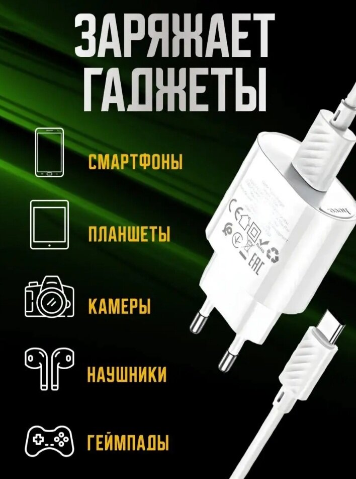 Сетевое зарядное устройство HOCO C109A / быстрая зарядка / Сетевой адаптер USB + Кабель Type- C/ 30А белый