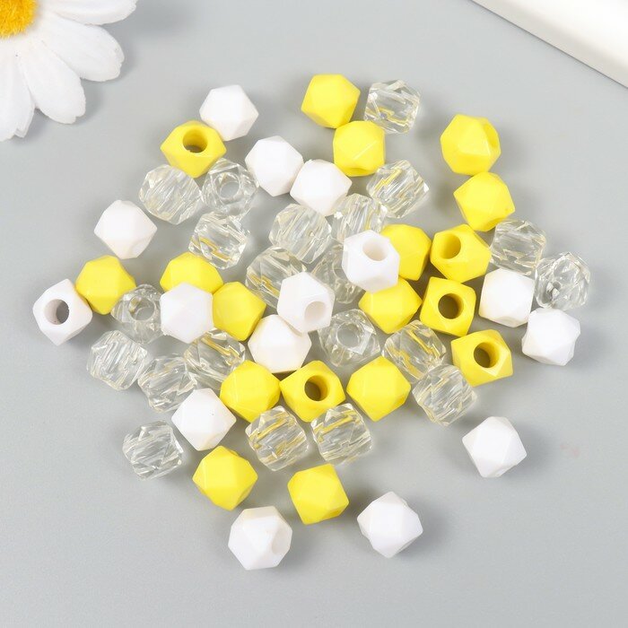 Бусины пластик "Кристалл многогранник. Жёлтый, белый, прозрачный" набор 30 гр 1х1х1 см 9468745