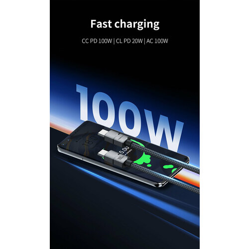 Кабель для быстрой зарядки и передачи данных RECCI Warrior Type-C to Type-C 100W 12 метра Серый 1760₽