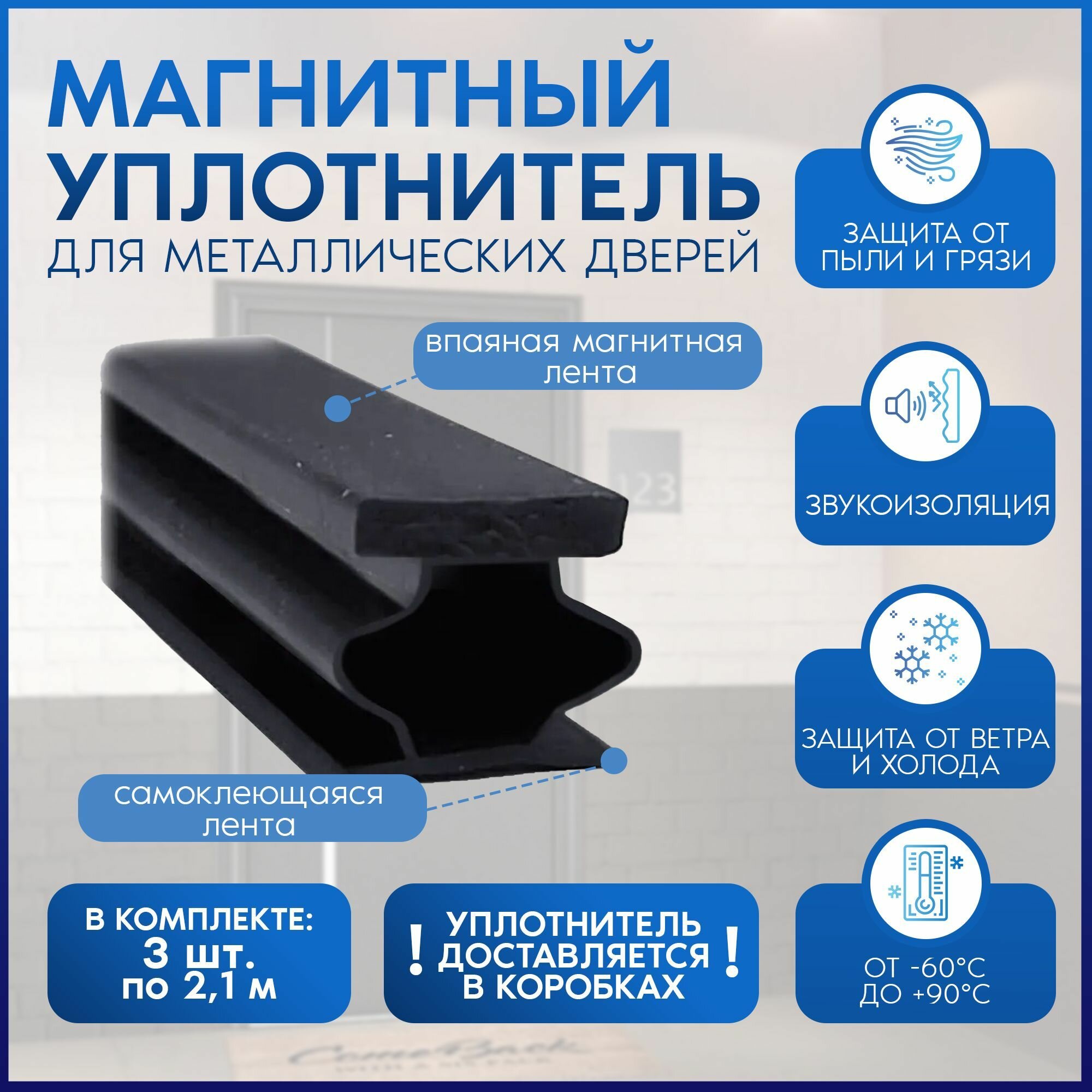 Уплотнитель магнитный для входной металлической двери самоклеящийся 3шт. х21м. резиновый уплотнитель для входной двери