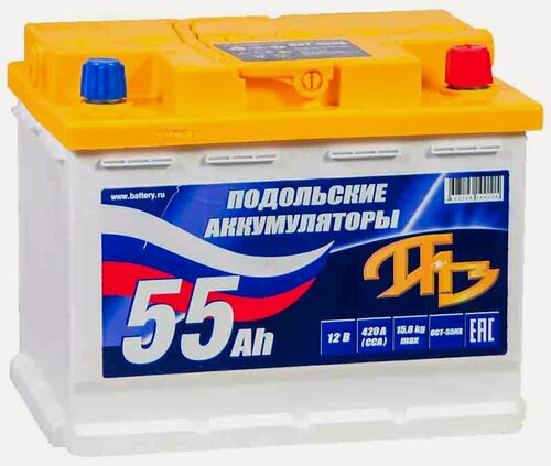 Изображение товара Аккумулятор автомобильный ПАЗ Подольские Аккумуляторы 55 А/ч 480 А обр. пол. Евро авто (242x175x190)