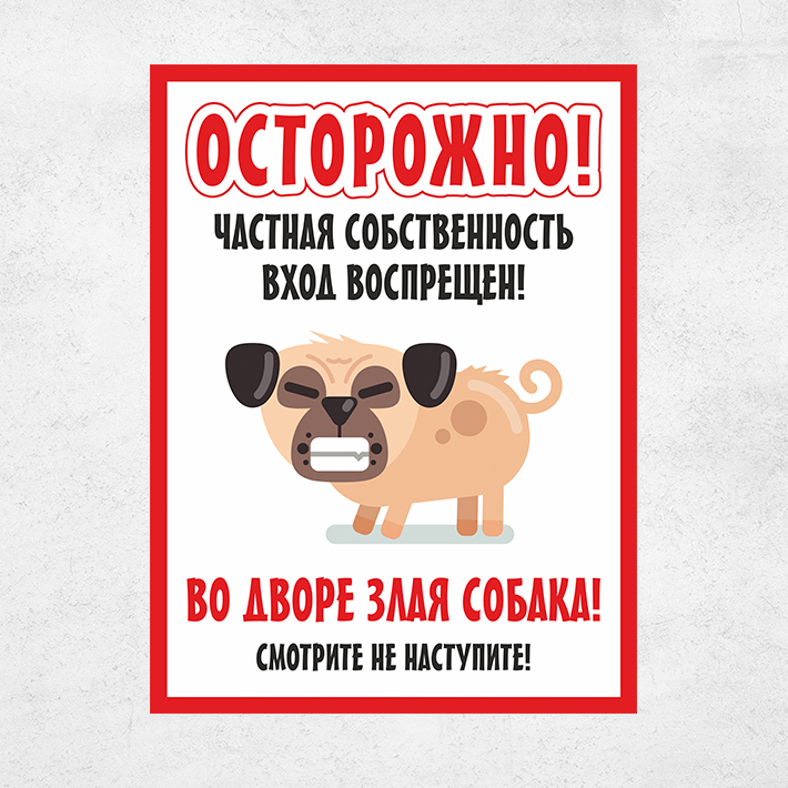 Табличка "Во дворе злая собака, смотри не наступи", 40х30 см, ПВХ