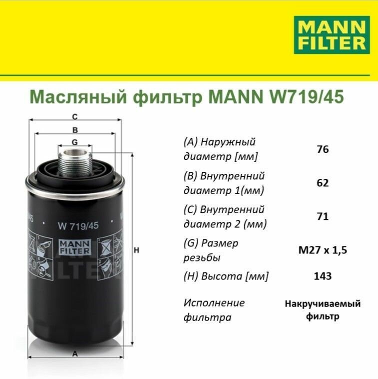 MANN-FILTER W719/45 Фильтр Масляный Mann