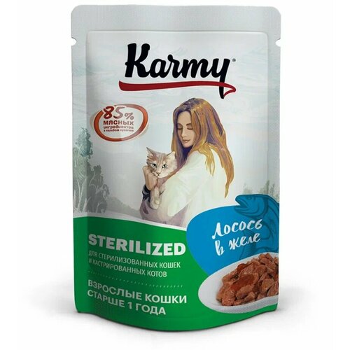 Влажный корм Karmy Sterilized для стерилизованных кошек, лосось 12 шт. х 80 г (кусочки в желе)