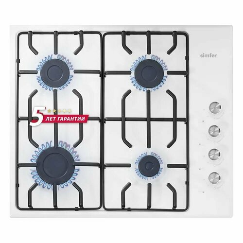 Газовая варочная панель Simfer 60см электроподжиг эмалированная сталь LAMA решетки комплект жиклеров для баллонного газа 5 лет гарантии белый 1718500₽