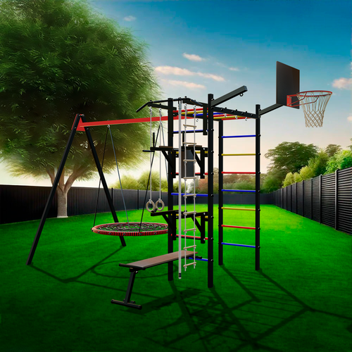 Уличный спортивно-игровой комплекс Sv Sport У3203К (ступени Разноцветные / Качели-гнездо 1.0м / Подвесы для качелей на подшипниках 1 комп.)