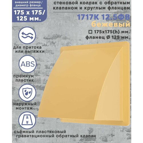 Колпак стенной 175х175 со съёмным обратным клапаном с фланцем D125 ABS пластик бежевый 652₽
