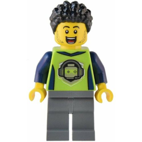 минифигурка лего lego lor116 elf statue straight hair legs Минифигурка Lego cty1543 Gaming Tournament Announcer - Male, Lime T-Shirt with Gaming Logo, Dark Bluish Gray Legs, Black Hair