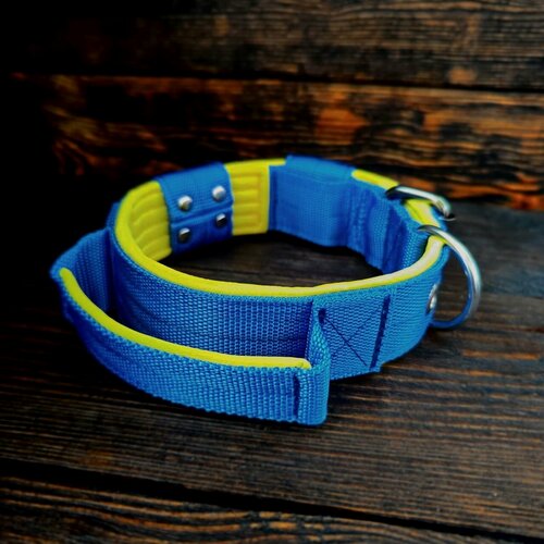 Изображение товара Для собак ошейник с ручкой. Ширина 4.5 см. Сварная фурнитура. Обхват 35-47 см. Цвет голубой с желтым