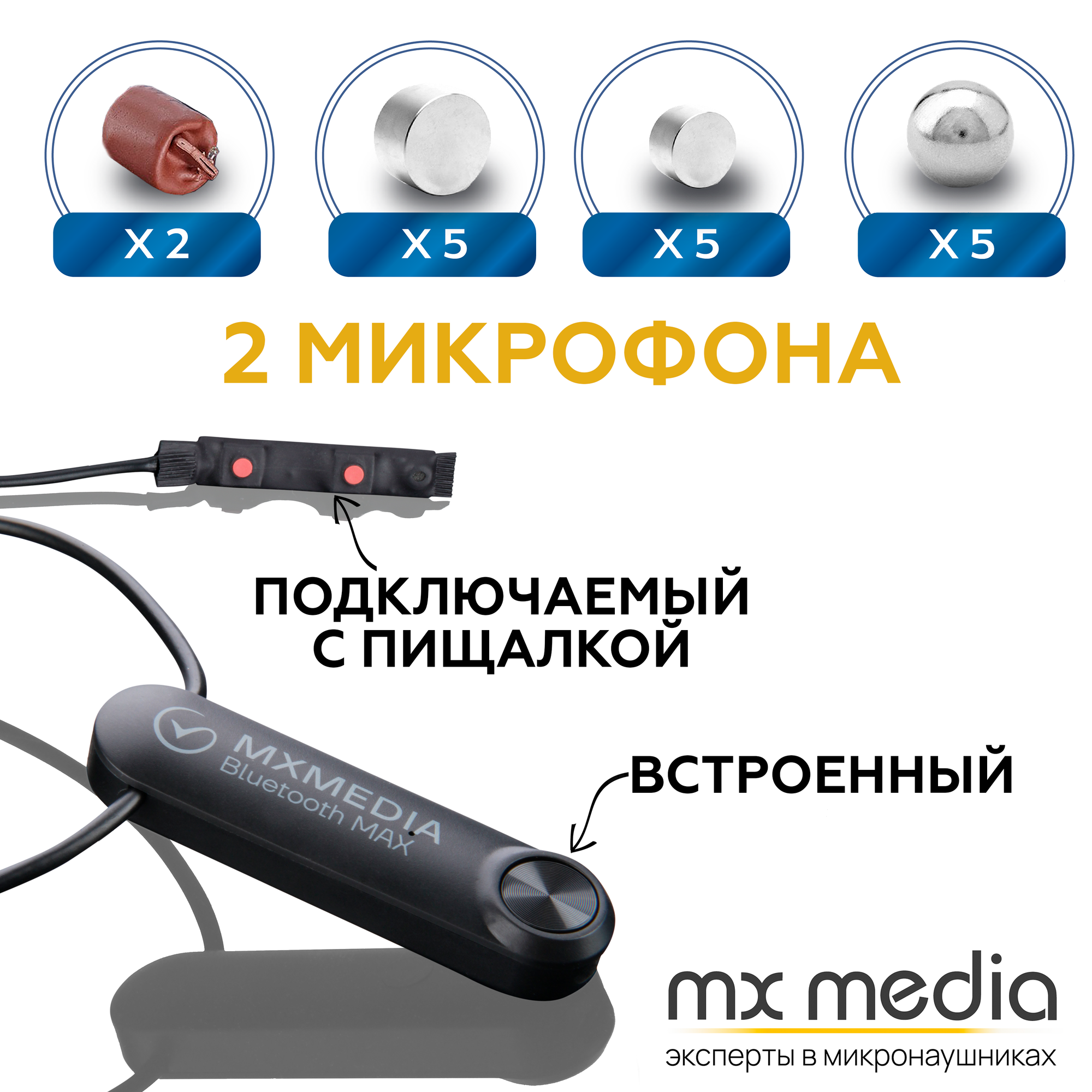 Микронаушник Mxmedia магнитный Magnet Bluetooth MAX с 2 микрофонами (встроенный и подключаемый) и кнопкой пищалкой