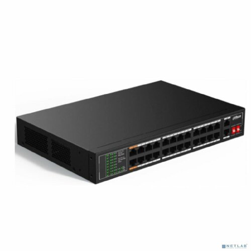 DAHUA Коммутаторы DAHUA DH-SF1026LP 26-портовый неуправляемый коммутатор с РоЕ, 24xRJ45 100Mb PoE, 2xRJ45 1Gb uplink, суммарно 190Вт, коммутация 8.8 Гбит/с, MAC-таблица 8K, металл