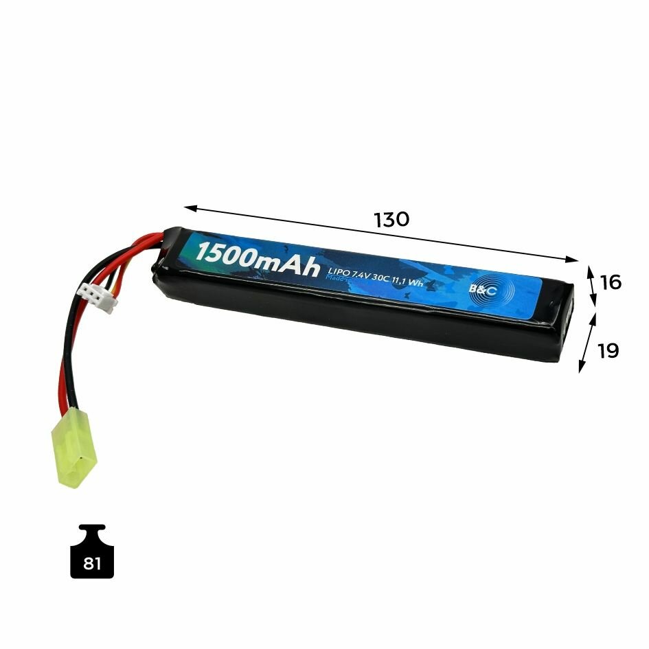 Аккумулятор для страйкбола Li-po B&C 1500 MAH 7.4V (2s) 30C, Mini Tamiya, Soft case — фото 1